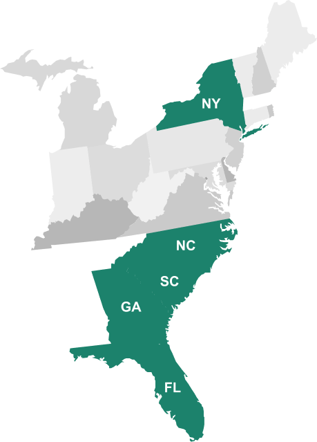 A map of the Eastern United States higlighting the areas served by Superior Health Medical; New York, Noth Carolina, South Carolina, Georgia, and Florida.